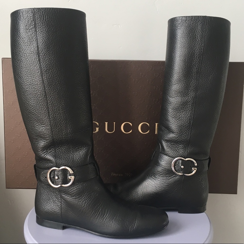 Gucci Black Leather Interlocking G Sachalin Pull-on Riding Boots Sz 7 US / 37 EU - Picture 6 of 16